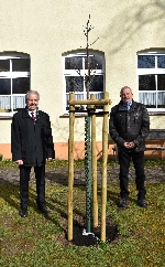 Bild 1: Pflanzung eines neuen Apfelbaumes auf dem Gelnde des Schullandheimes mit Landrat Harald Altekrger (l.) und Leiter Dietmar Thron (r.). , Quelle: Landkreis Spree-Neie/Wokrejs Sprjewja-Nysa