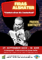 Bild 1: Plakat Lesung mit Firas Alshater, Quelle: Landkreis Spree-Neie/Wokrejs Sprjewja-Nysa