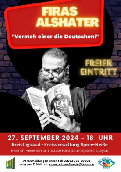 Bild 1: Plakat Lesung mit Firas Alshater, Quelle: Landkreis Spree-Neie/Wokrejs Sprjewja-Nysa