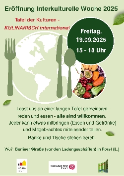 Bild 1: Plakat Interkulturelle Woche 2025 - Tafel der Kulturen  KULINARISCH INTERNATIONAL, Quelle: Landkreis Spree-Neie/Wokrejs Sprjewja-Nysa